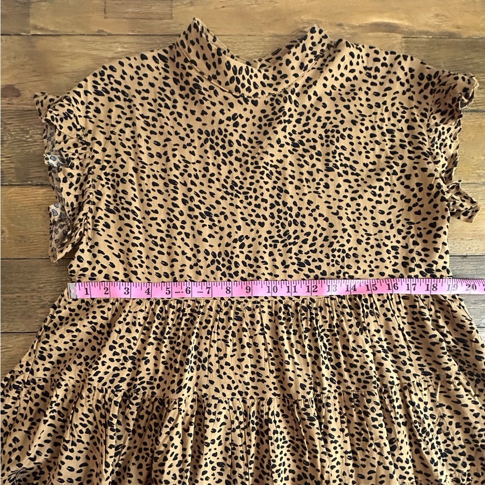 TAN & BLACK Leopard Print Tiered Babydoll Ruffle Cap Sleeves Boho Peplum Blouse - Picture 12 of 14